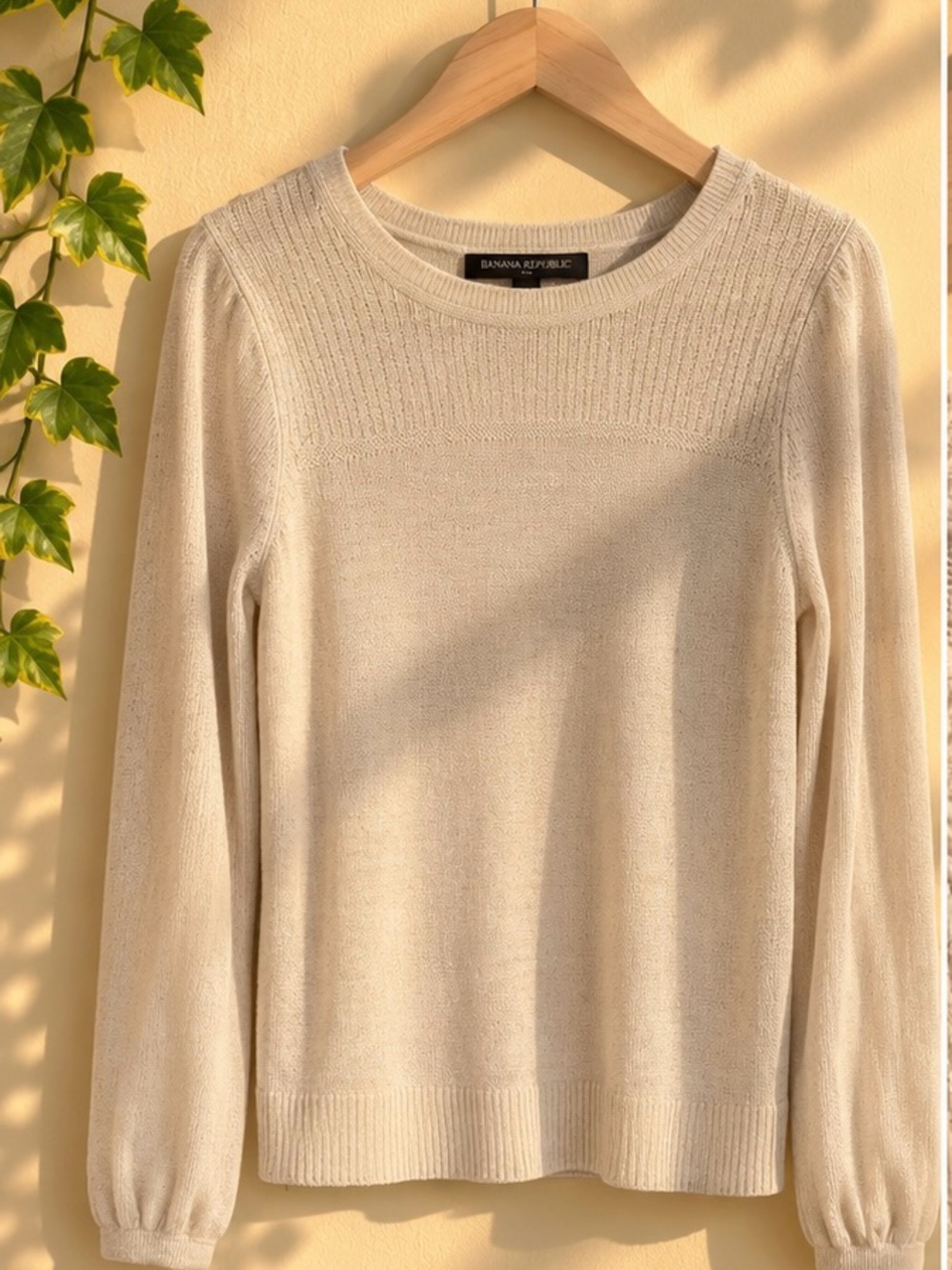Banana Republic Light Cream Ribbed Yoke Crewneck Sweater